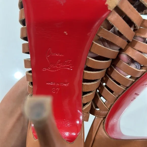 Christian LouboutinTan Leather Cut Out Peep Toe Platform Slingback Sandals